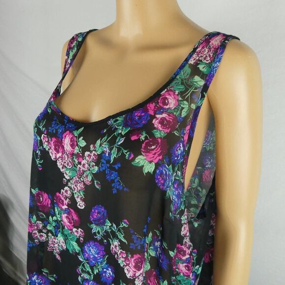 Torrid Black Floral Semi Sheer Hi Low Tank Top Blouse Sleeveless Pink Blue Tunic - Picture 2 of 10